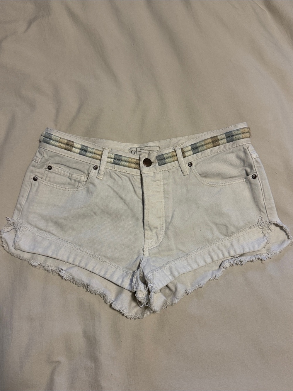 Free People Off White Frayed Hem Denim Shorts with Striped Waistband